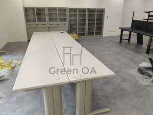 CD辦公桌+4尺玻璃連座書櫃無中膈+4尺下中三屜公文櫃+4尺上玻璃公文櫃